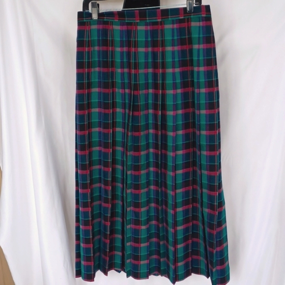 LGR women’s green & pink plaid pleated maxiskirt wool us 14, like new condition - Picture 1 of 6
